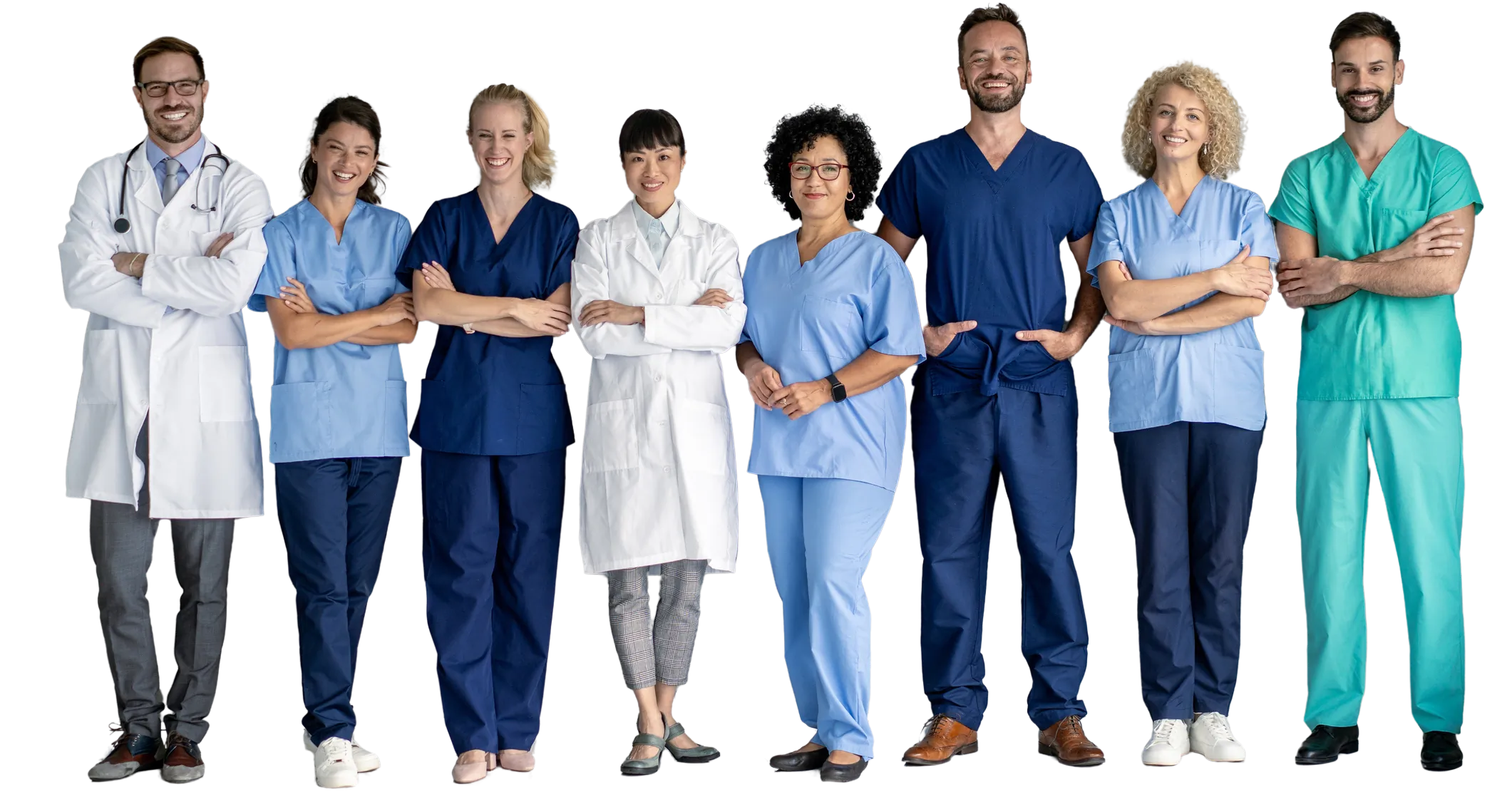 Eight healthcare professionals stand confidently in a line, wearing medical uniforms and smiling.